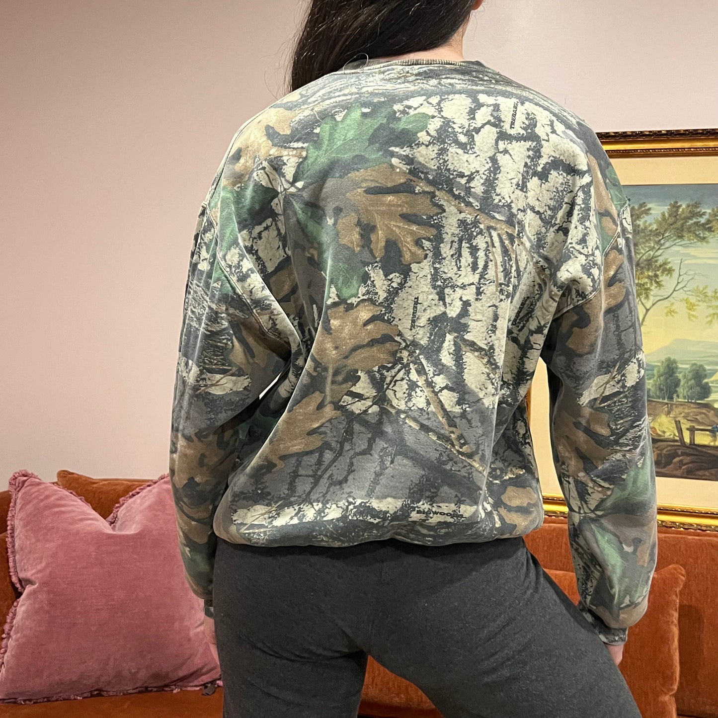 DUMP YOUR REPUBLICAN GIRLFRIEND camo crewneck with orange text (L)