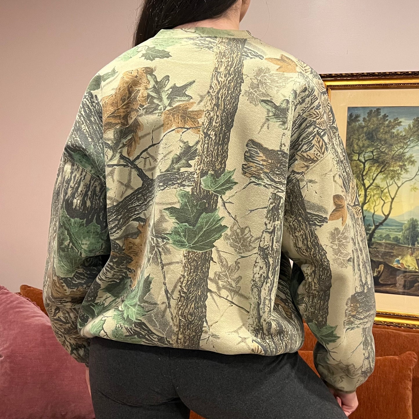 DUMP YOUR REPUBLICAN BOYFRIEND camo crewneck with orange text (XL)
