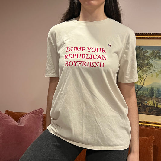 DUMP YOUR REPUBLICAN BOYFRIEND white t-shirt with red text (L)