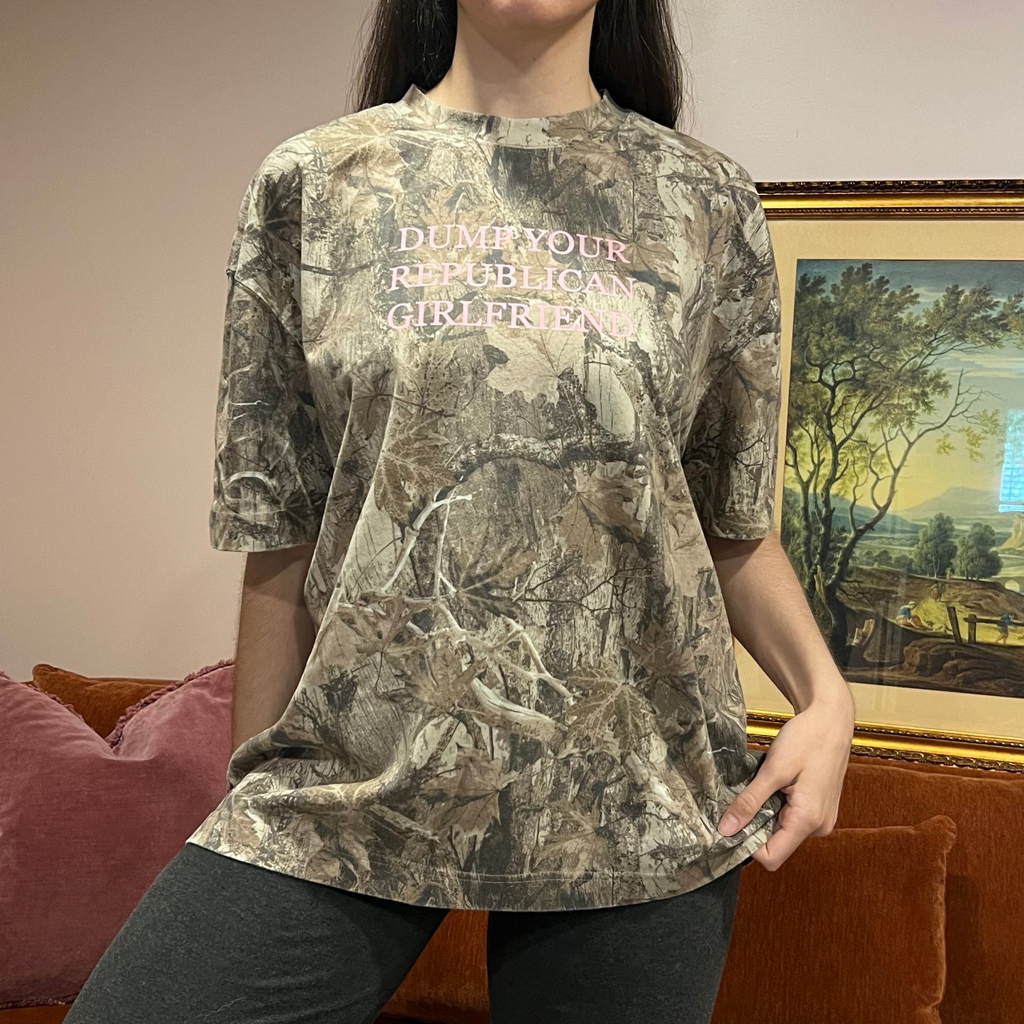 DUMP YOUR REPUBLICAN GIRLFRIEND camo t-shirt with pink text (XL)