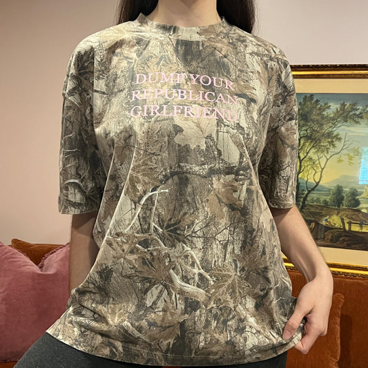 DUMP YOUR REPUBLICAN GIRLFRIEND camo t-shirt with pink text (XL)