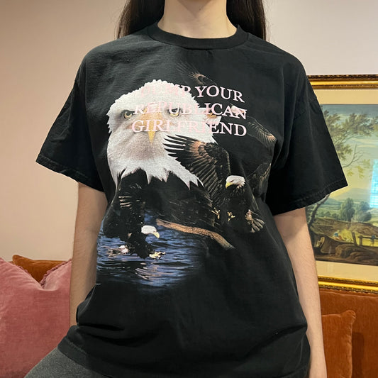 DUMP YOUR REPUBLICAN GIRLFRIEND eagle t-shirt with pink text (L)