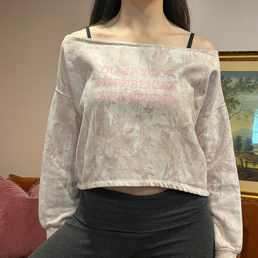 DUMP YOUR REPUBLICAN GIRLFRIEND pink camo crewneck with pink text (S)