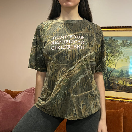 DUMP YOUR REPUBLICAN GIRLFRIEND camo t-shirt with pink text (XL)