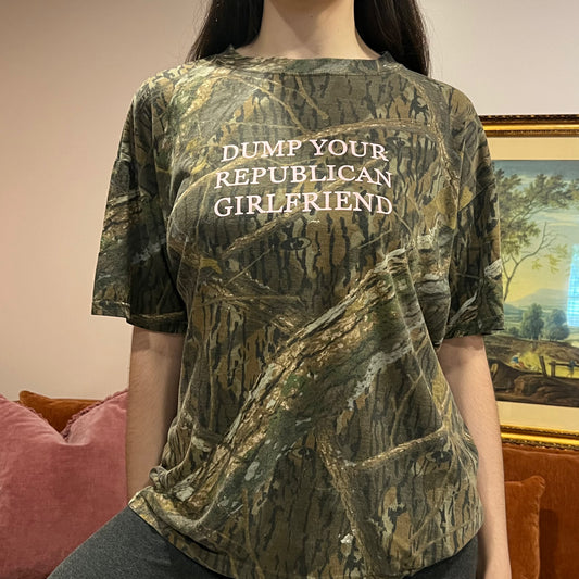 DUMP YOUR REPUBLICAN GIRLFRIEND camo t-shirt with pink text (XL)