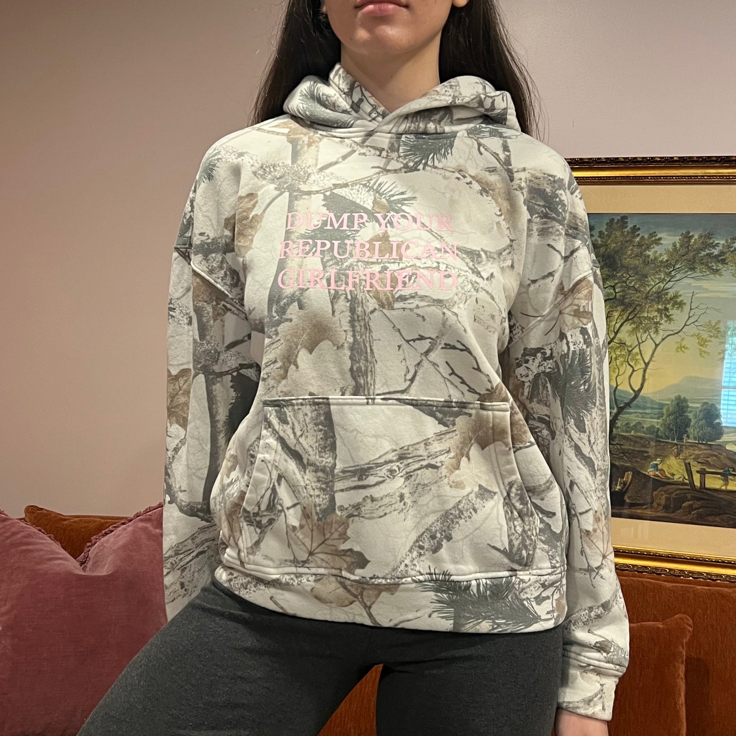 DUMP YOUR REPUBLICAN GIRLFRIEND white camo hoodie with pink text (S)