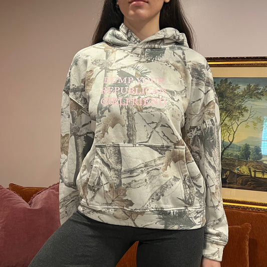 DUMP YOUR REPUBLICAN GIRLFRIEND white camo hoodie with pink text (S)