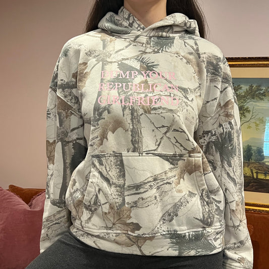 DUMP YOUR REPUBLICAN GIRLFRIEND white camo hoodie with pink text (S)