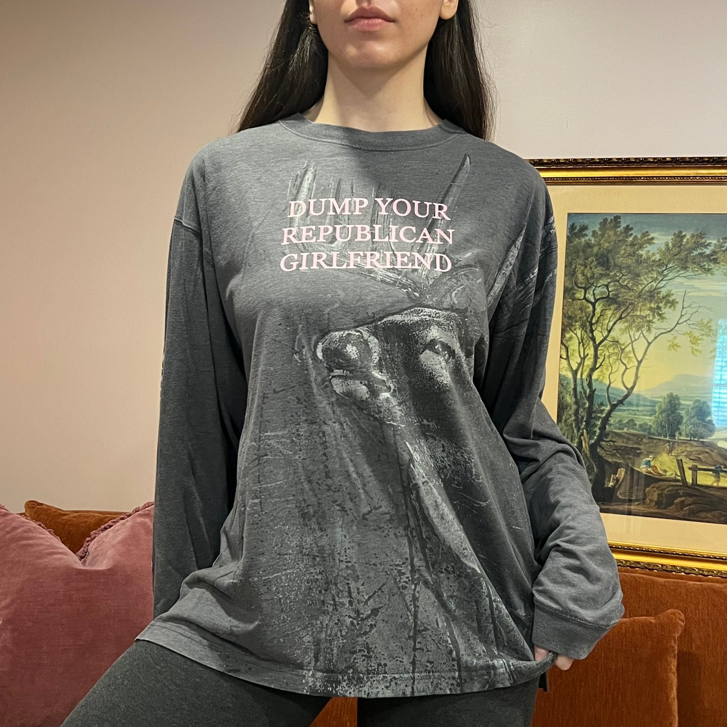 DUMP YOUR REPUBLICAN GIRLFRIEND deer long sleeve t-shirt with pink text (XL)