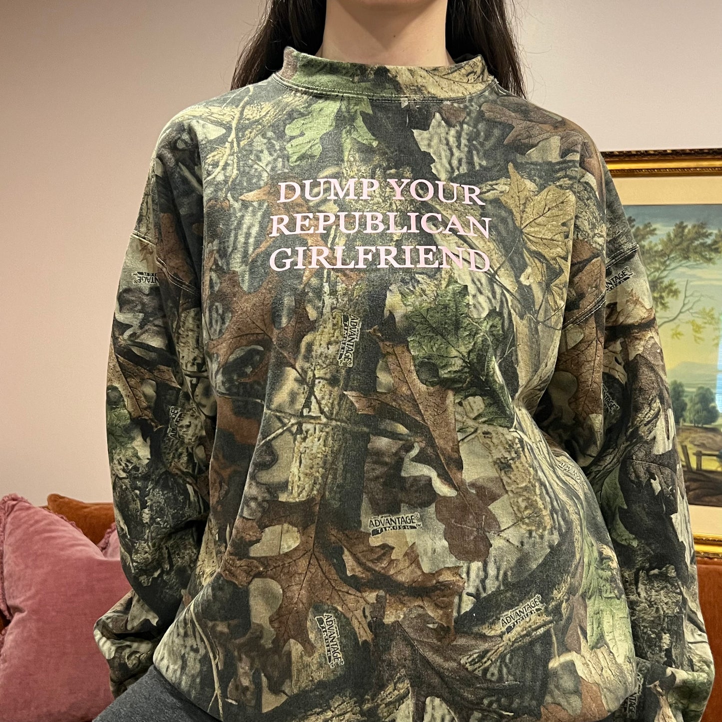 DUMP YOUR REPUBLICAN GIRLFRIEND camo crewneck with pink text (2XL)