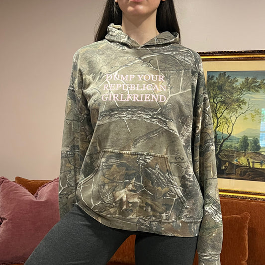 DUMP YOUR REPUBLICAN GIRLFRIEND camo hoodie with pink text (L)
