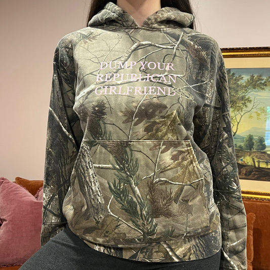DUMP YOUR REPUBLICAN GIRLFRIEND camo hoodie with pink text (M)