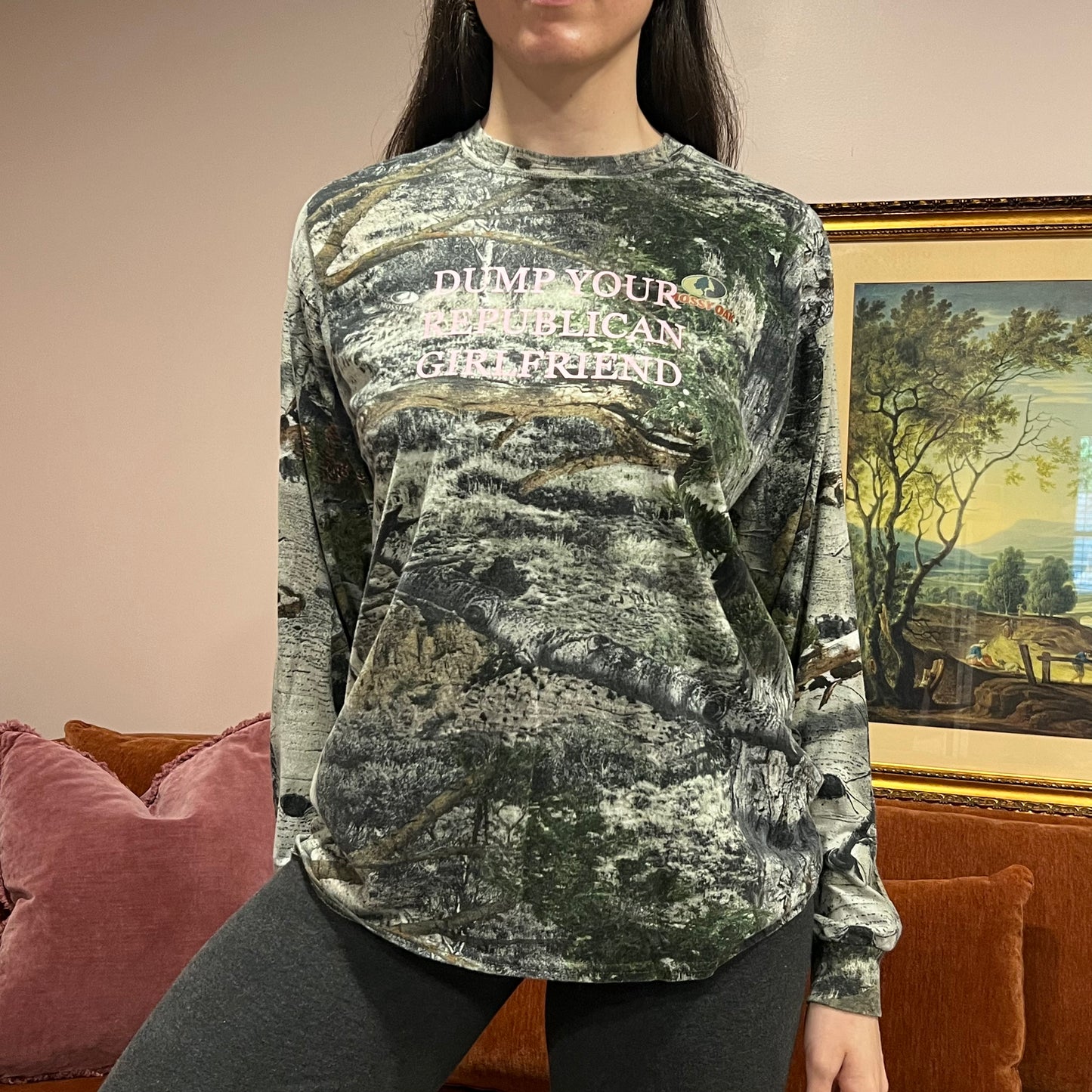 DUMP YOUR REPUBLICAN GIRLFRIEND camo long sleeve t-shirt with pink text (L)
