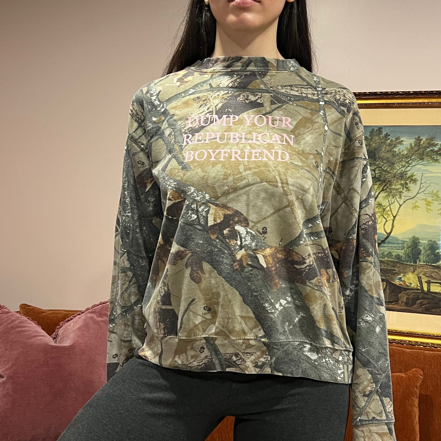 DUMP YOUR REPUBLICAN BOYFRIEND camo crewneck with pink text (M)