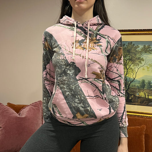 DUMP YOUR REPUBLICAN BOYFRIEND pink camo hoodie with pink text (S)