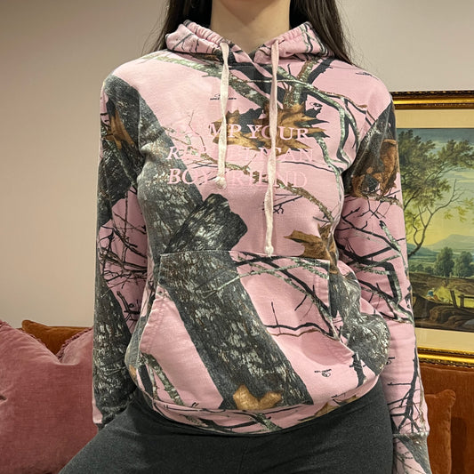 DUMP YOUR REPUBLICAN BOYFRIEND pink camo hoodie with pink text (S)