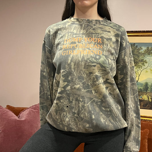 DUMP YOUR REPUBLICAN GIRLFRIEND camo crewneck with orange text (L)