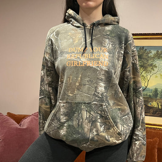 DUMP YOUR REPUBLICAN GIRLFRIEND camo hoodie with orange text (L)