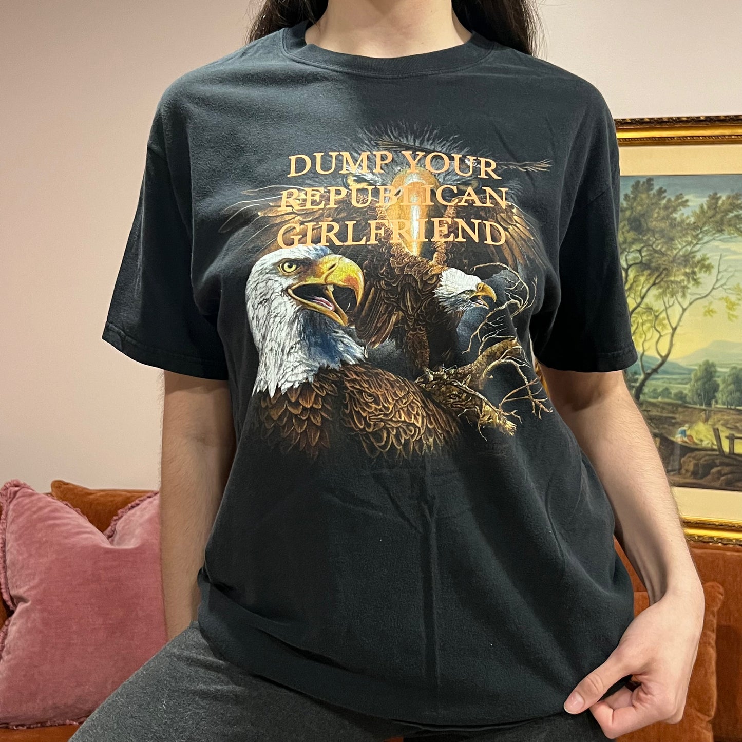 DUMP YOUR REPUBLICAN GIRLFRIEND eagle t-shirt with orange text (L)