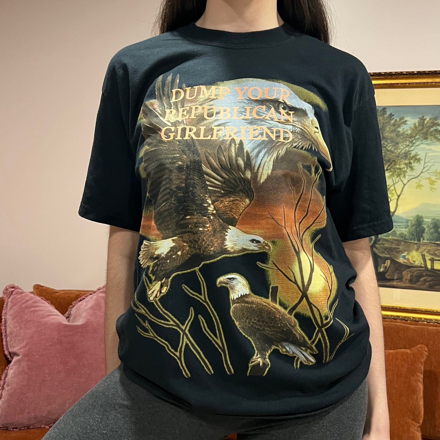 DUMP YOUR REPUBLICAN GIRLFRIEND eagle t-shirt with orange text (L)