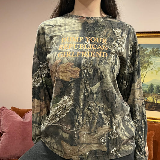 DUMP YOUR REPUBLICAN GIRLFRIEND camo long sleeve t-shirt with orange text (L)