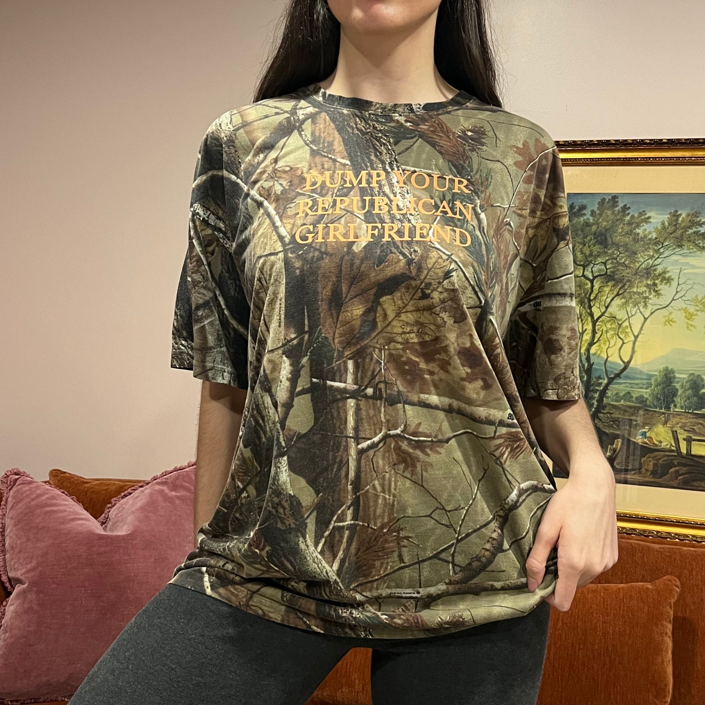 DUMP YOUR REPUBLICAN GIRLFRIEND camo t-shirt with orange text (2XL)