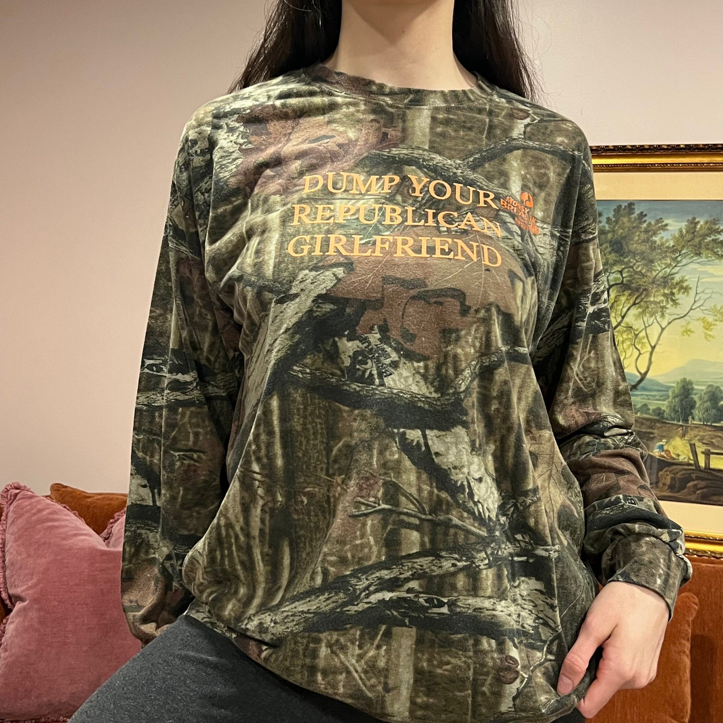 DUMP YOUR REPUBLICAN GIRLFRIEND camo long sleeve t-shirt with orange text (L)