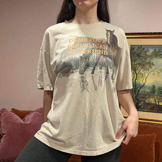 DUMP YOUR REPUBLICAN GIRLFRIEND horse t-shirt with orange text (XL)