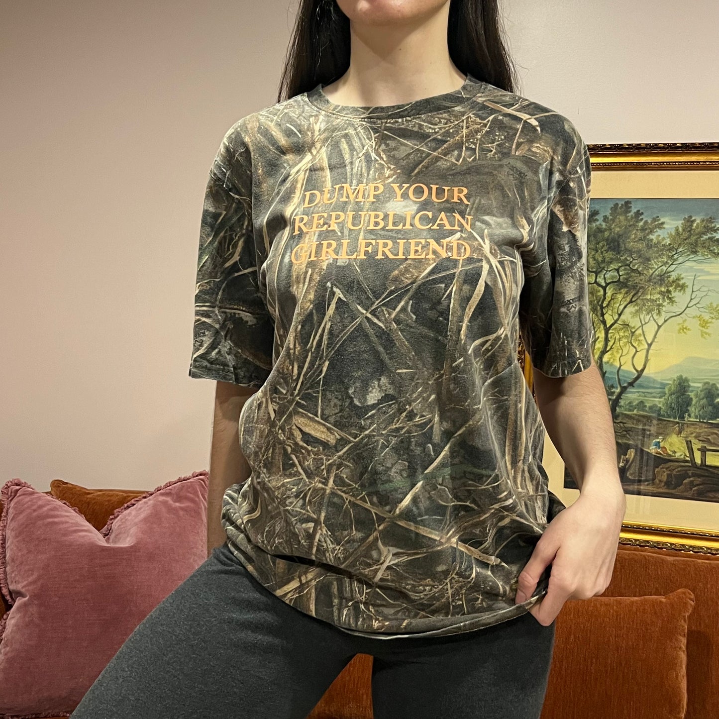 DUMP YOUR REPUBLICAN GIRLFRIEND camo t-shirt with orange text (L)