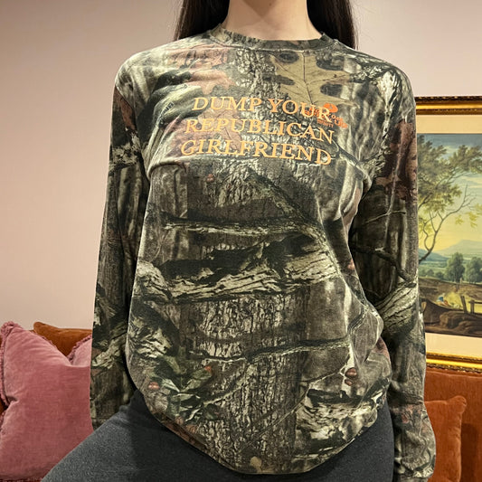 DUMP YOUR REPUBLICAN GIRLFRIEND camo long sleeve t-shirt with orange text (M)