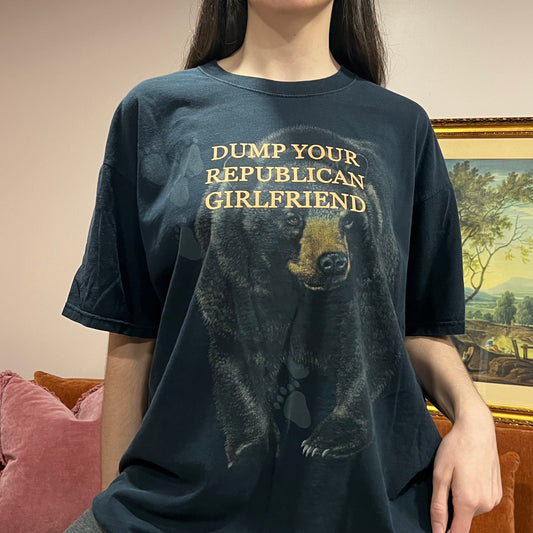 DUMP YOUR REPUBLICAN GIRLFRIEND bear t-shirt with orange text (XL)