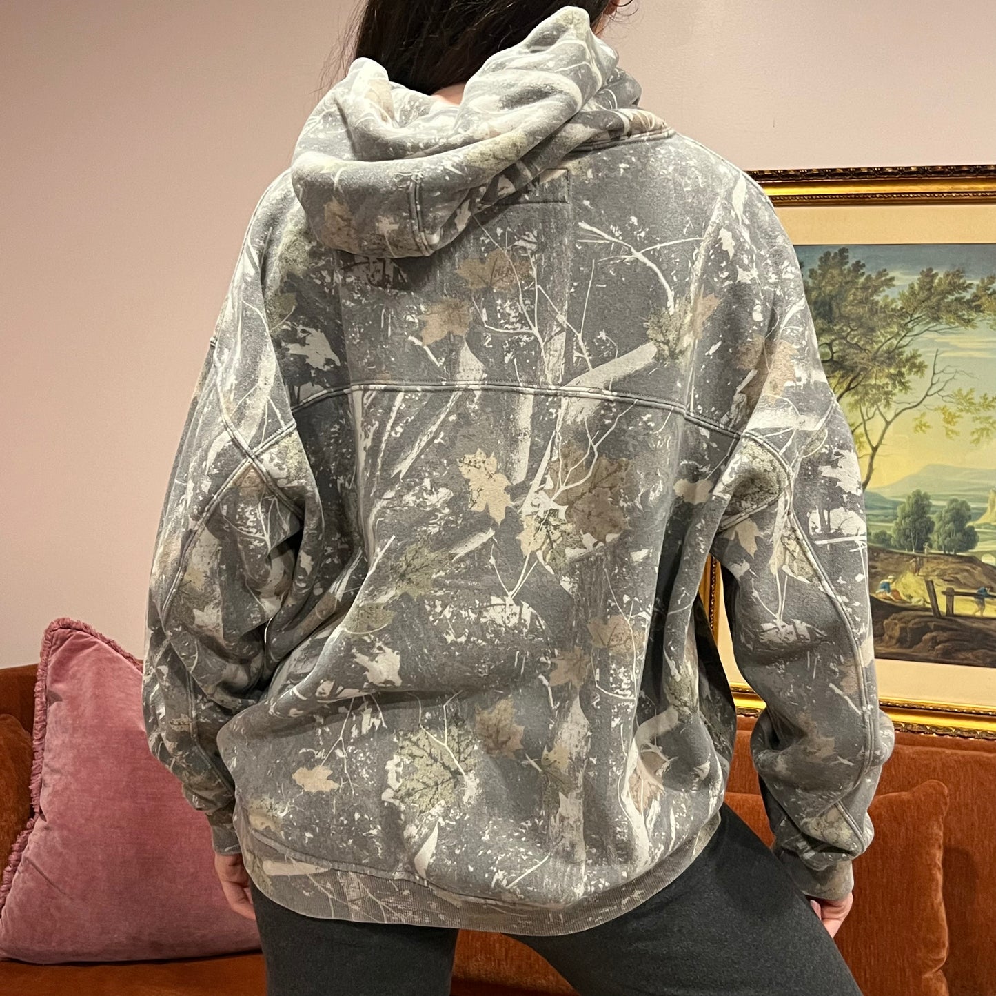 DIVORCE YOUR REPUBLICAN HUSBAND camo hoodie with orange text (L)