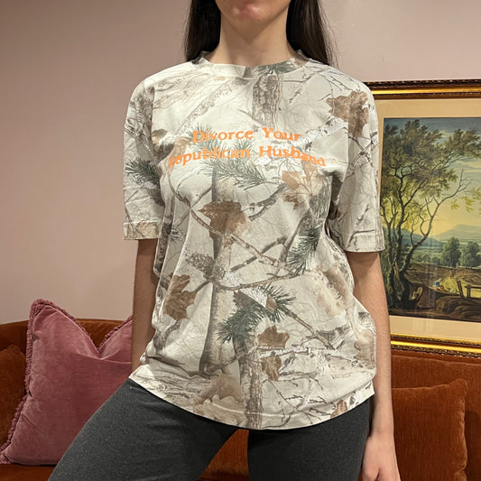 DIVORCE YOUR REPUBLICAN HUSBAND white camo t-shirt with orange text (S)