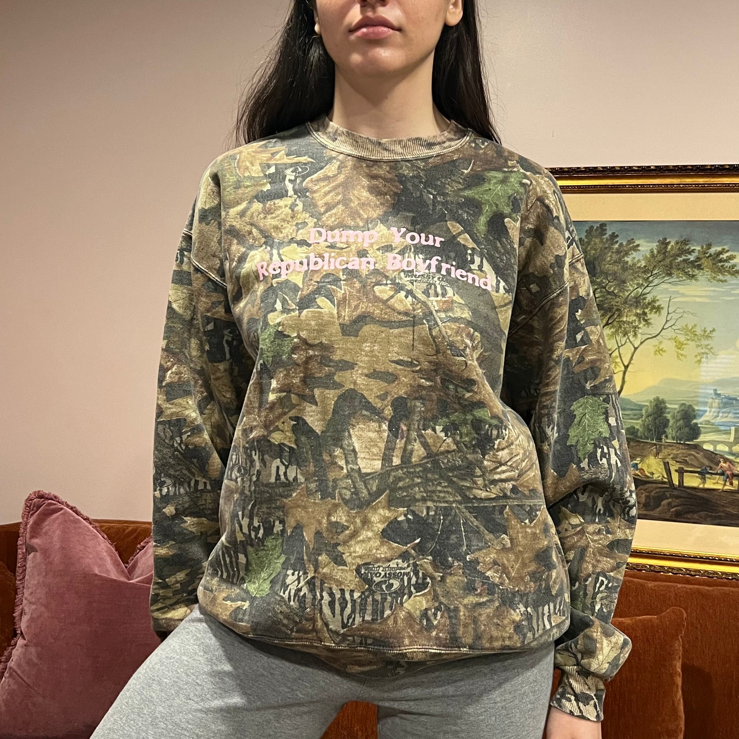 DUMP YOUR REPUBLICAN BOYFRIEND camo crewneck with pink text (L)