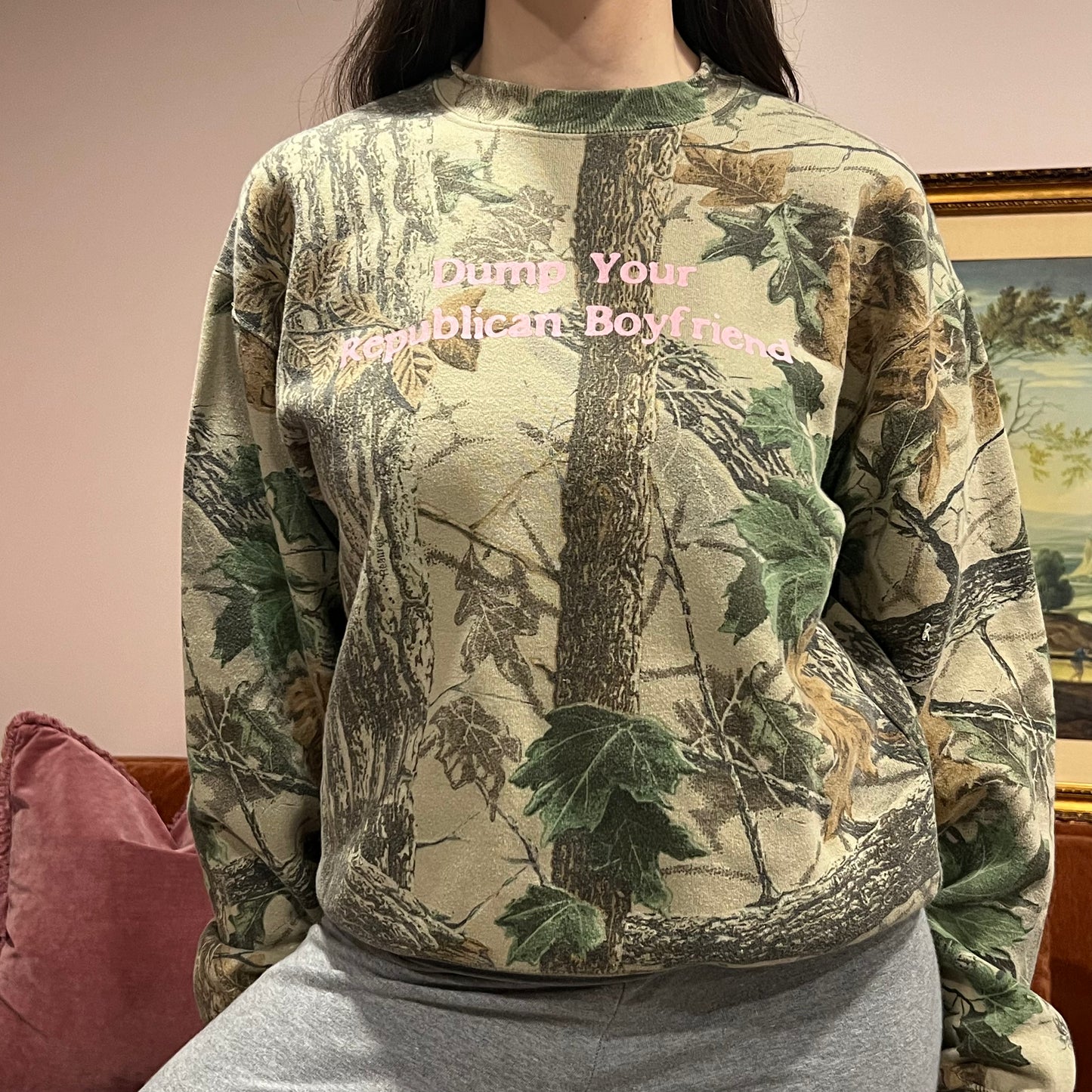 DUMP YOUR REPUBLICAN BOYFRIEND camo crewneck with pink text (M)
