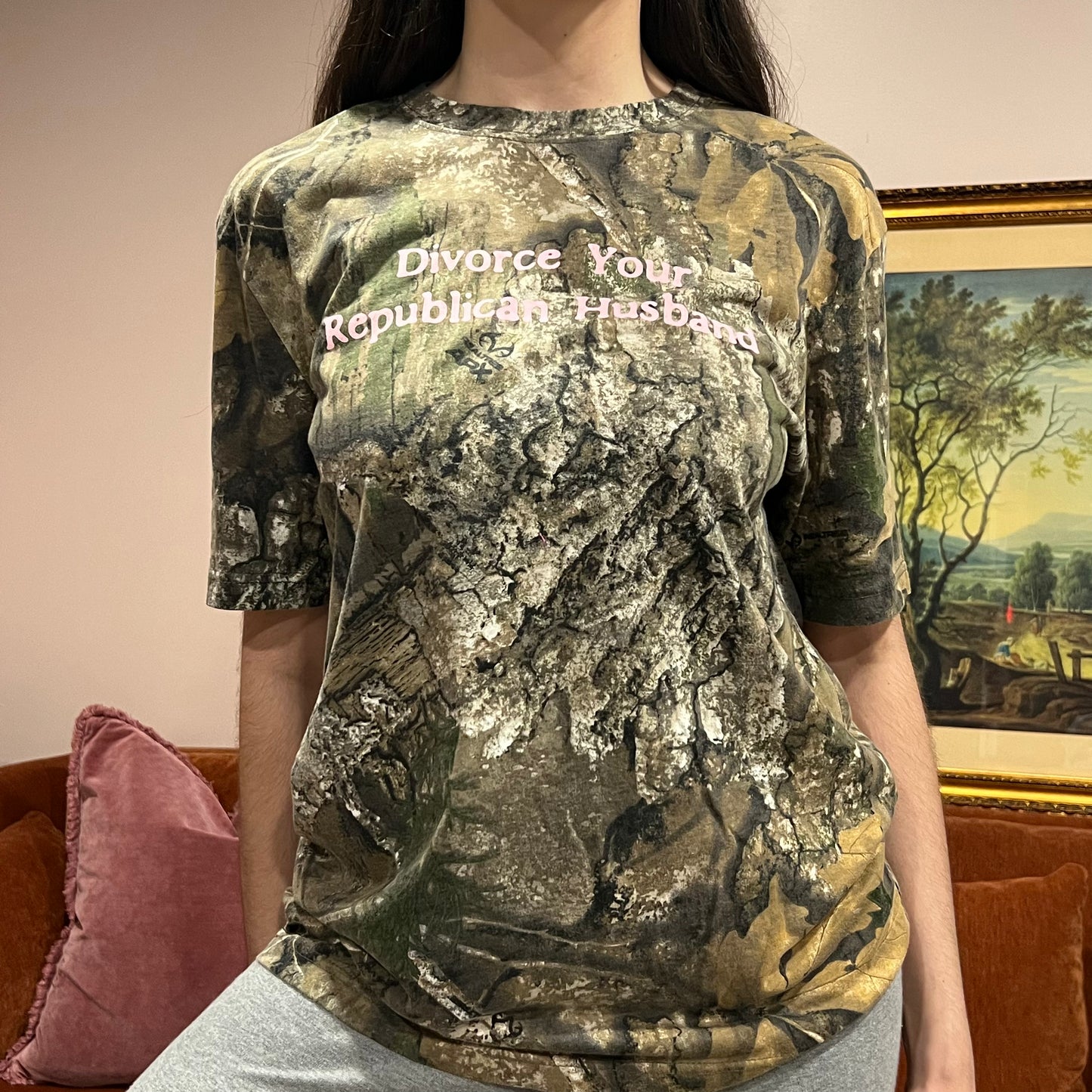 DIVORCE YOUR REPUBLICAN HUSBAND camo t-shirt with pink text (M)