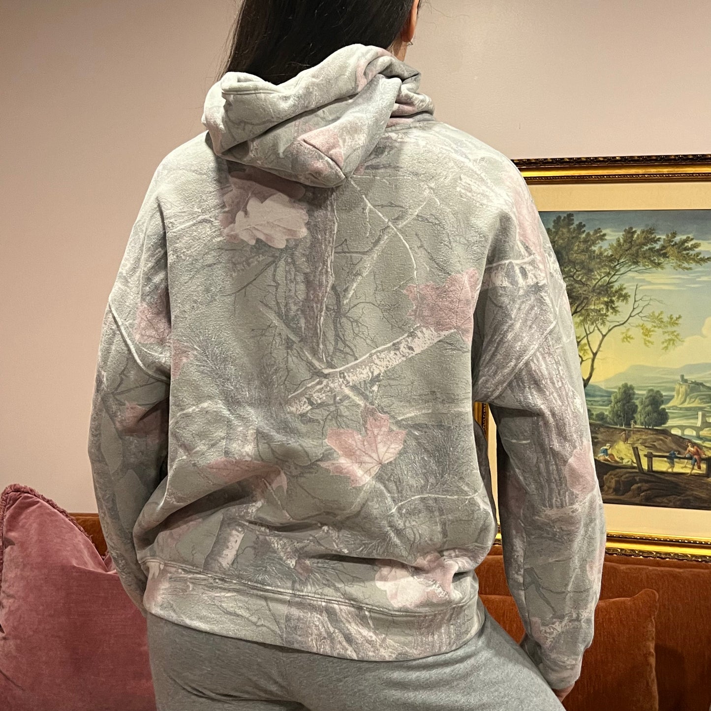 DIVORCE YOUR REPUBLICAN HUSBAND camo hoodie with pink text (S)