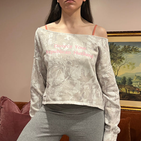 DIVORCE YOUR REPUBLICAN HUSBAND white camo crewneck with pink text (S)